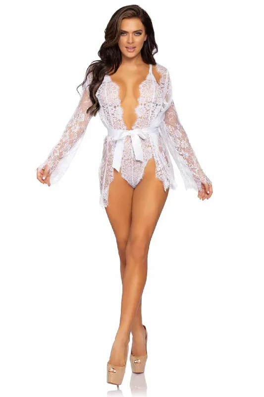 3 Piece Floral Lace Teddy, Thong Back, Matching Robe & Satin Tie