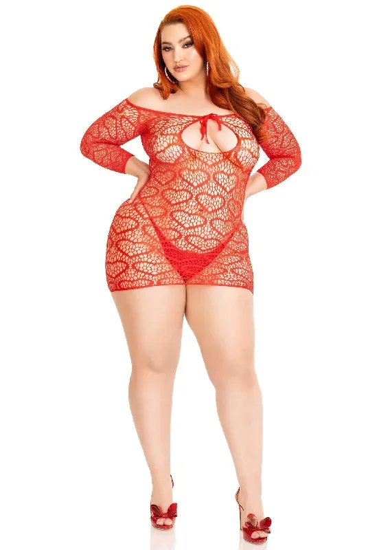 Plus Size Seamless Heart Net Mini Dress With Keyhole Tie Front