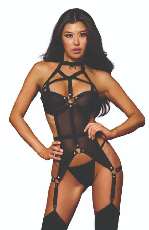 Black Strappy Bustier Set with Stud Accents