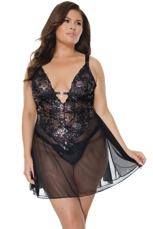 Coquette Queen Metallic Floral Lace & Mesh Babydoll