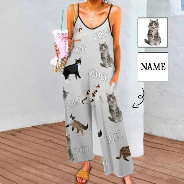 Persoanlized Sleepwear Custom Photo & Name Loungewear with Cat Picture On Them Women's Suspender Jumpsuit Loungewear