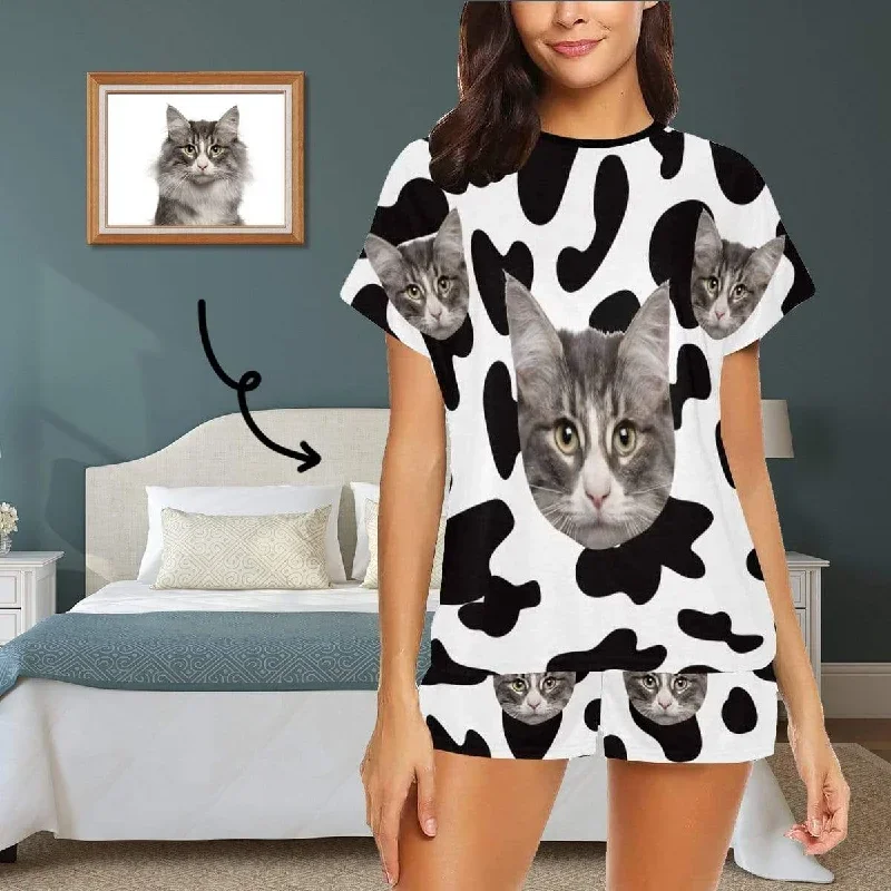 [Limited Time Discount - Lowest Price] Custom Face Pajamas Cow Kitty Sleepwear Personalized Women's Short Pajama Set Pet Lover Gift