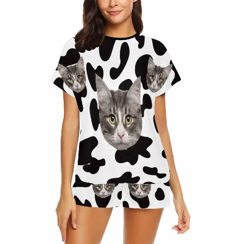 custom-face-pajamas-cow-kitty-sleepwear-personalized-womens-short-pajama-set