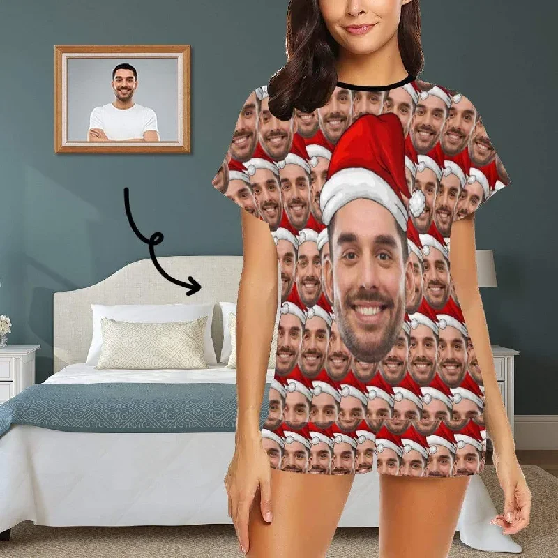 PRICE DROP-Custom Face Womens Christmas Pajamas Personalized Christmas Hat Women's Short Pajama Set Xmas Gift