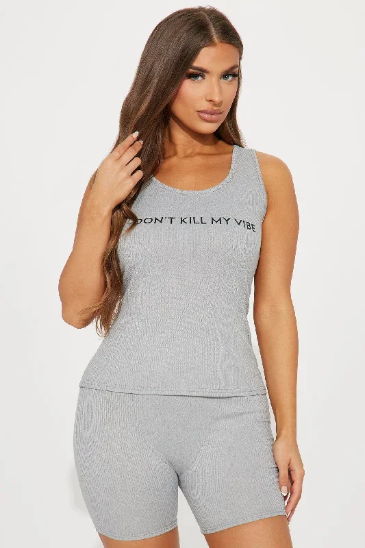 Don't Kill My Vibe Ribbed PJ Boxer Short Set - Heather Grey