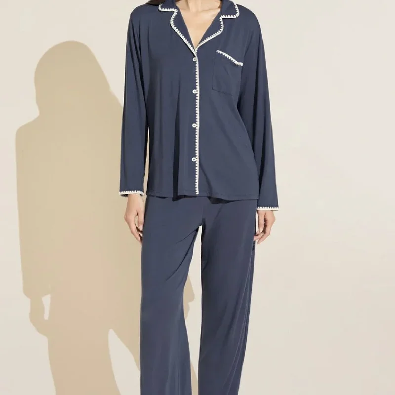 Eberjey Frida Whip Stitch Long Pj Set in Nightshadow Blue/Ivory PJ2024