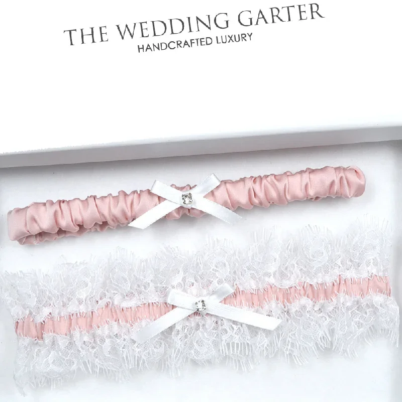 Edie Powder Pink & Chantilly Lace Satin Wedding Garter Set (15 Colours)