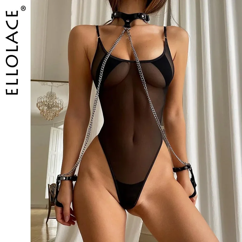 Ellolace Bondage Bodysuit Lingerie Bdsm Transparent Porn Lace Body One-Pieces With Halter Leather Chain Sexy Mesh Tights Top