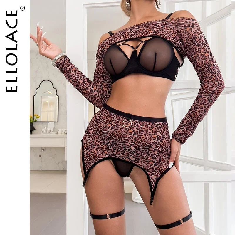 Ellolace Erotic Lingerie With Leopard Off Shoulder Top Sheer Lace Transparent Bra Panty Set Bandage Exotic Sets Uncensored