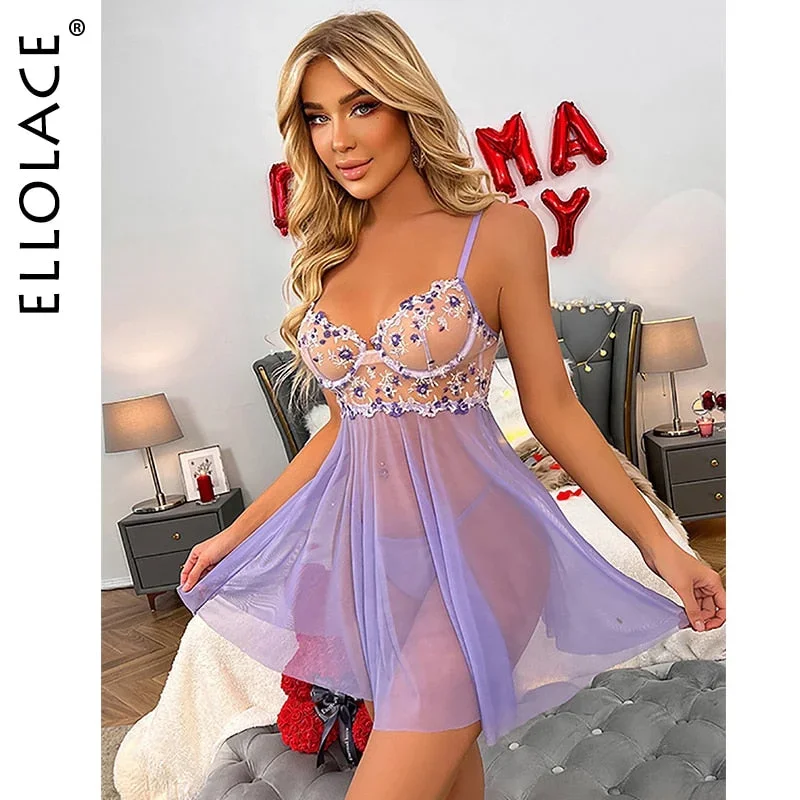 Lace Night Dress Floral Embroidery Sexy Sleepwear Deep-V Neck Nightwears For Transparent Mini Dress Thongs