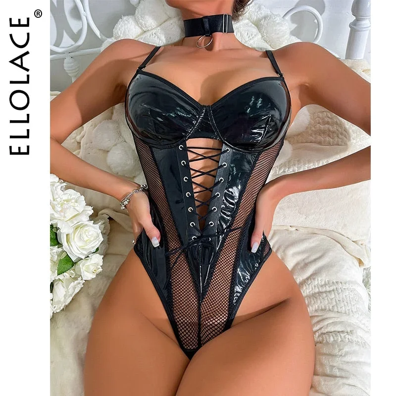 Ellolace Latex Bodysuit Sexy Lace Up Hollow Tops Black Patchwork Fetish PU Body Sissy Leather Crotchless Tight