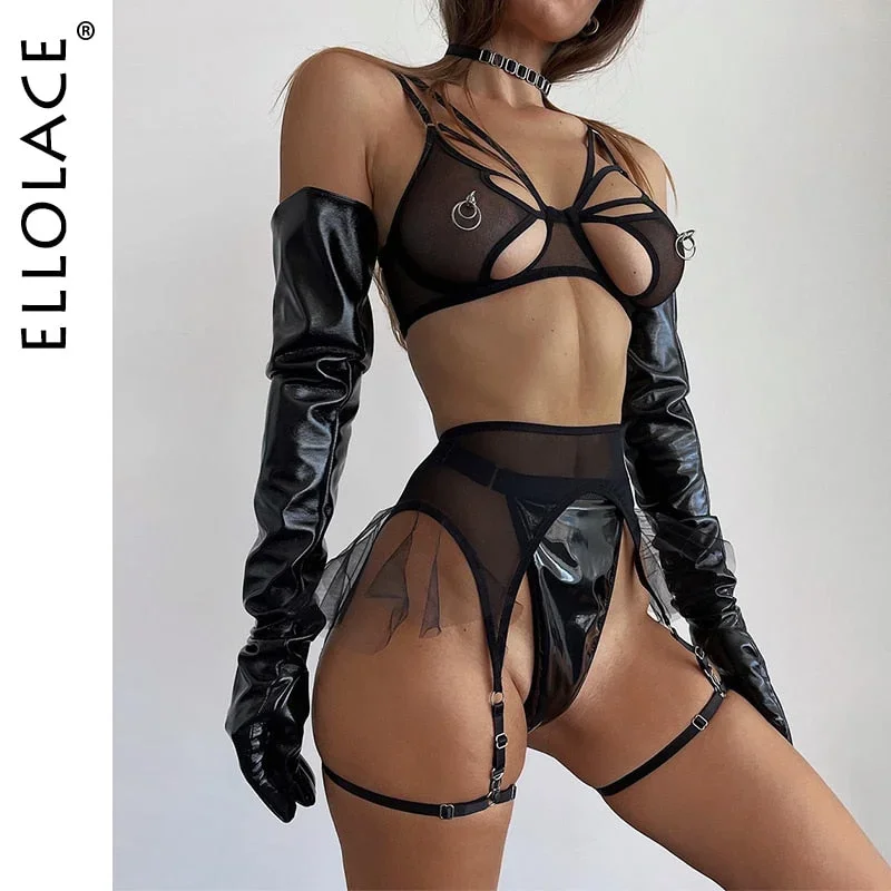 Ellolace Latex Sexy Lingerie Undies Cut Out Bra Porn Underwear Women Body Ruffle Garters Uncensored Video Thongs Erotic Sets