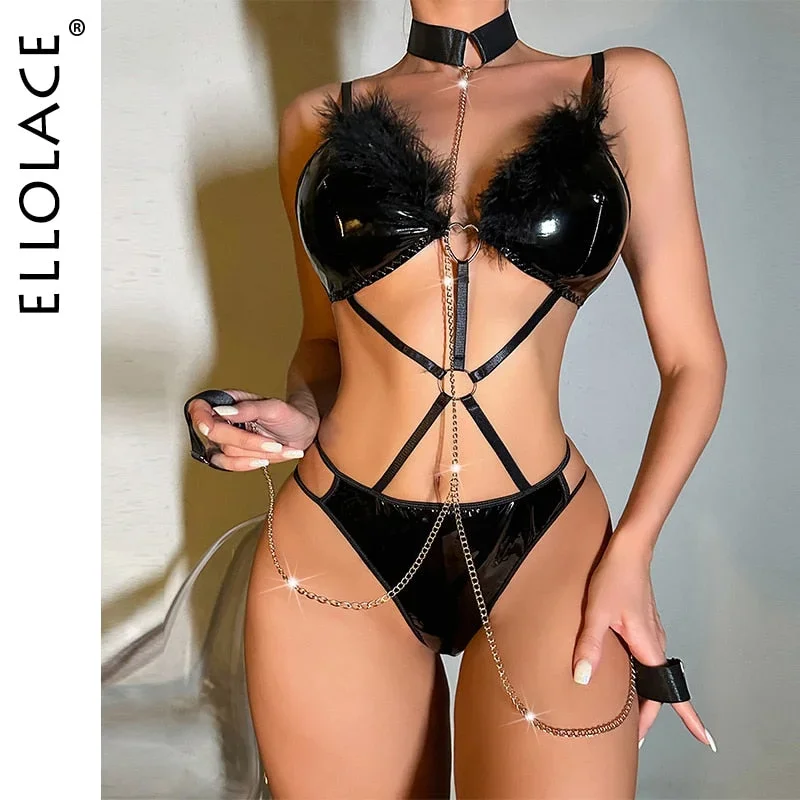 Ellolace Leather Erotic Lingerie For Full Black Feather Fetish Pvc Body Erotic Latex Matching Bodysuit Sissy Wetlook Costume