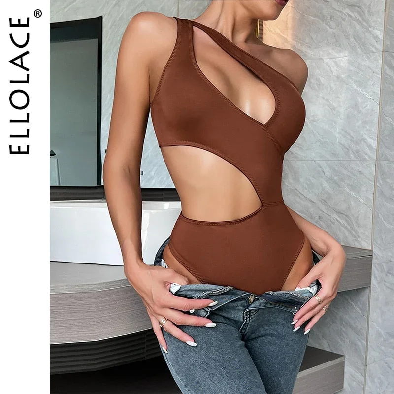 Ellolace One Shoulder Bodysuit Irregularity Midriff Tops Fine Festival Tight Fitting Woman One Piece Seamless Cut Out Body