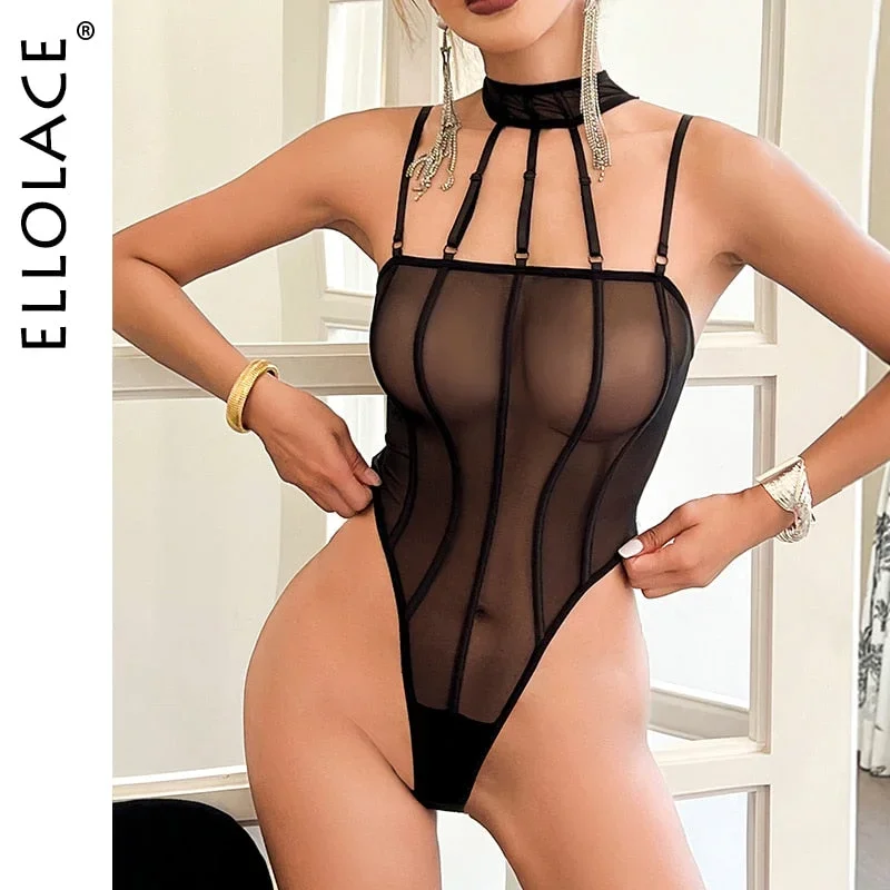 Ellolace Sensual Bodysuit Sheer Lace Naked Tops Halter Body Erotic Costume Uncensored Hot Sexy See Through Crotchless Babydoll