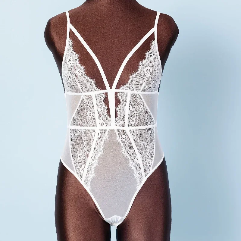 Eyelash Lace & Mesh Strappy Teddy - White