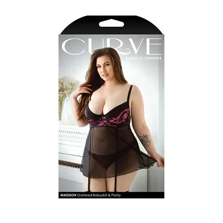 Fantasy Lingerie Curve Madison Gartered Lace & Mesh Babydoll, Panty