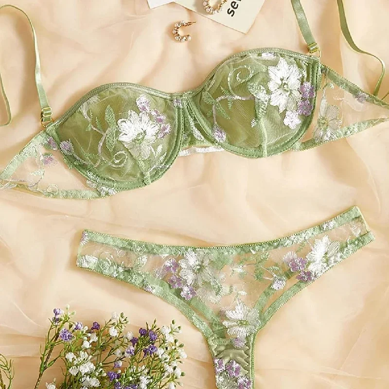 Green Floral Lingerie Set