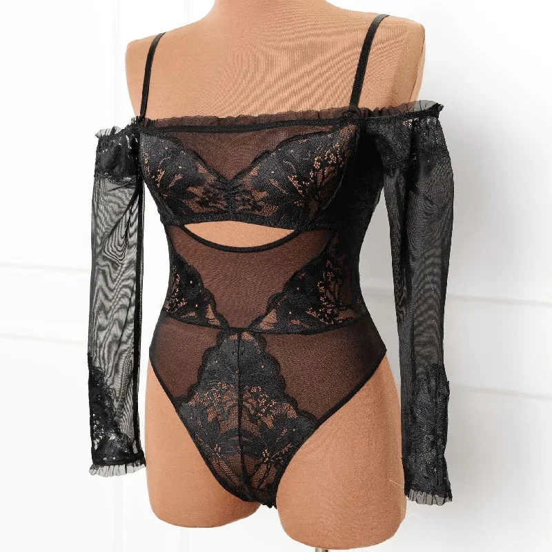 Lace & Mesh Off-The-Shoulder Crotchless Teddy - Black