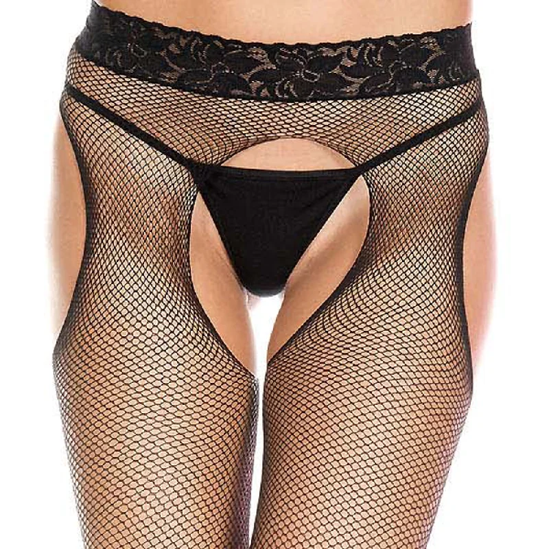 Music Legs Lace Waistband Crotchless Fishnet Suspender Pantyhose