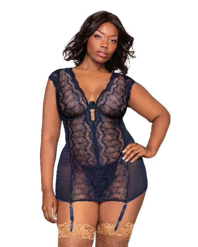 Dreamgirl Plus Size Lace & Mesh Garter Slip Set with Plunging Neckline & Matching G-String