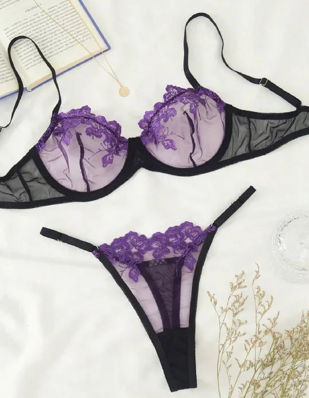 Purple Lingerie Set Mesh Embroidery