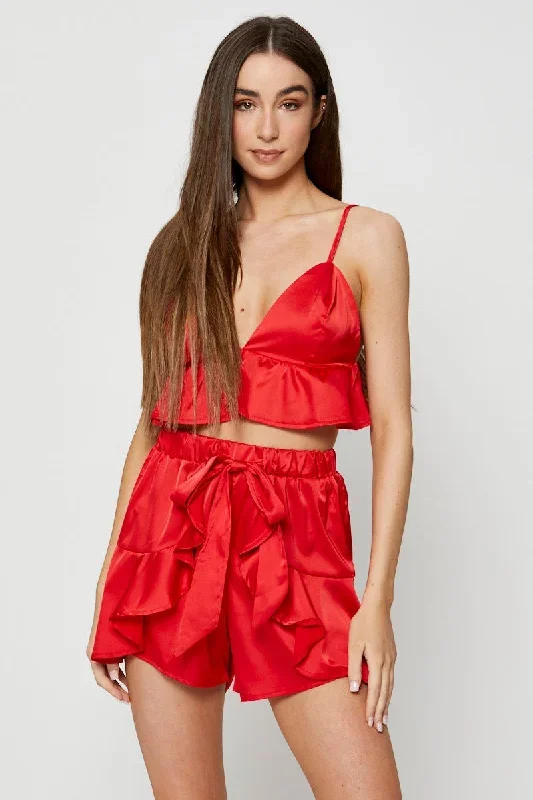 Red Bralette Pyjamas Set Satin