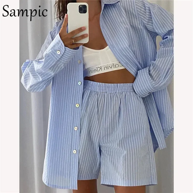 Sampic Loung Wear Tracksuit Women Shorts Set Stripe Long Sleeve Shirt Tops And Waist Loose High Mini Shorts Two Piece Sets 2024