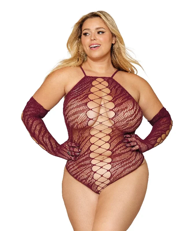 Dreamgirl Seamless zebra fishnet teddy and glove set