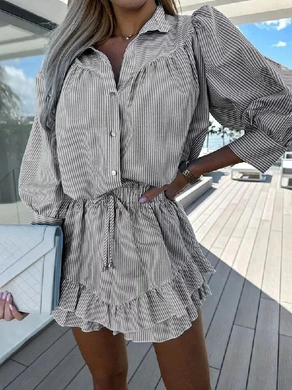 Stand Collar Tops Elastic Waist Skirt Suit Women Slim Summer Skirt Solid Matching Set Beach Lady Patchwork Ruffles Skirt Outfits