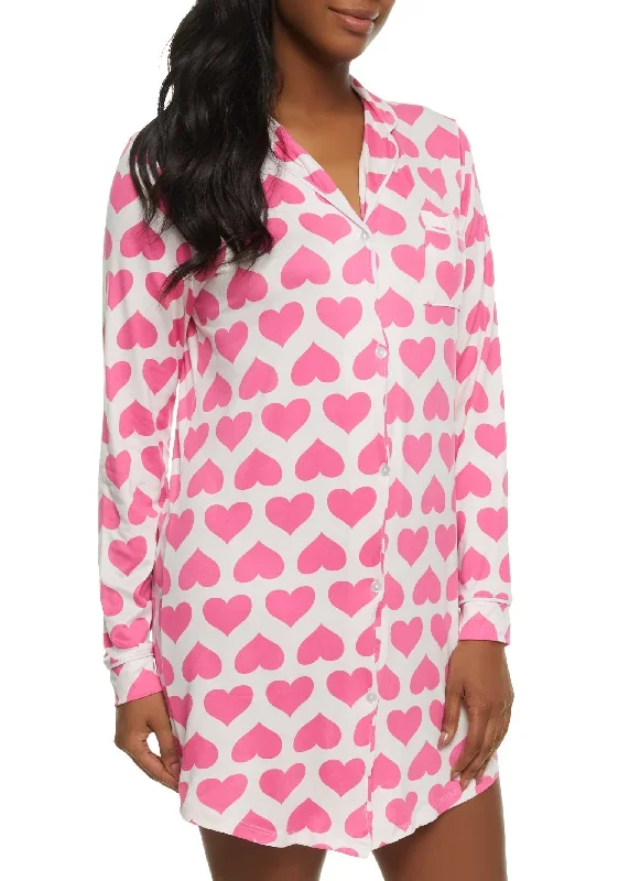 Heart Patterned Notch Collar Nightshirt